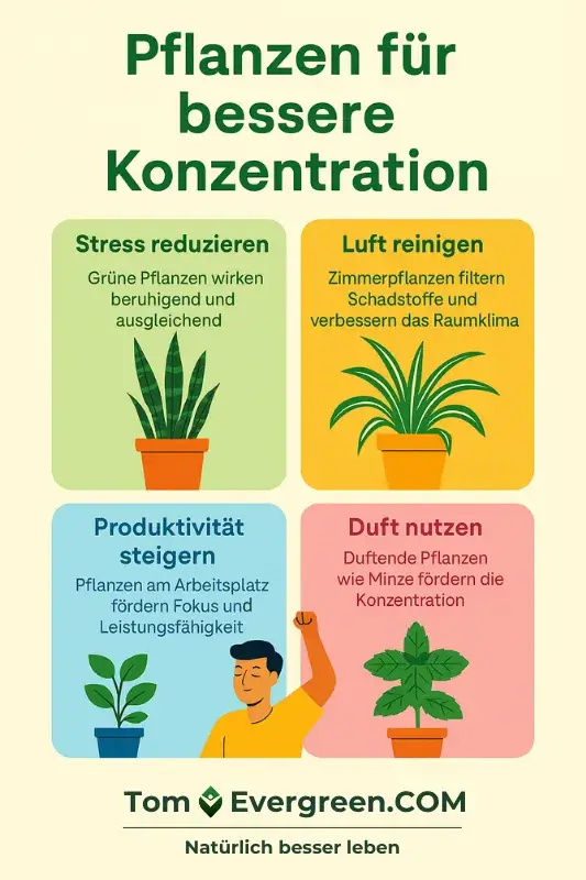 Infografik mit 4 TOP Tipps: Pflanzen für bessere Konzentration Infografik: Pflanzen im Homeoffice fördern Konzentration – durch Stressreduktion, Luftreinigung, natürliche Düfte und eine produktive Atmosphäre.