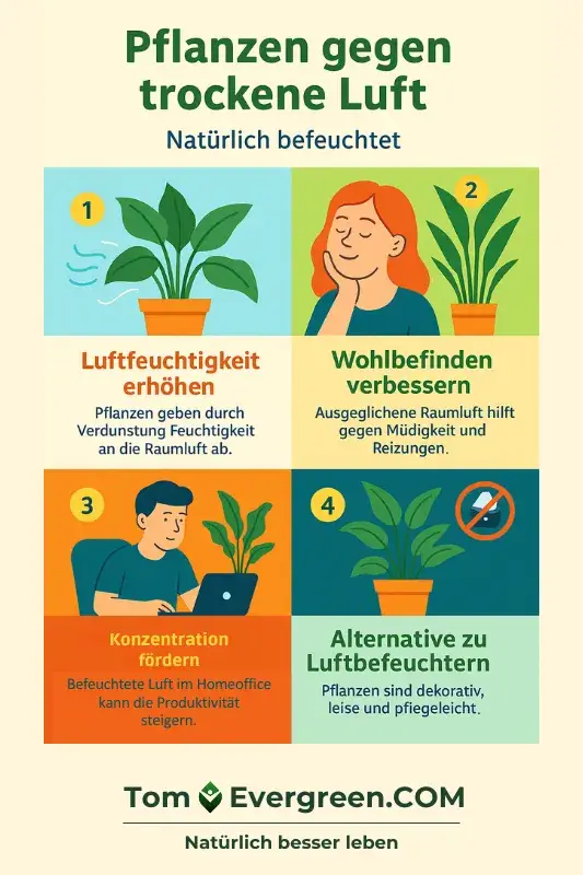 Infografik mit 4 TOP Tipps: Pflanzen gegen trockene Luft Infografik: Pflanzen verbessern die Luftfeuchtigkeit – ideal gegen trockene Raumluft, gereizte Atemwege, trockene Haut und schwankendes Raumklima.