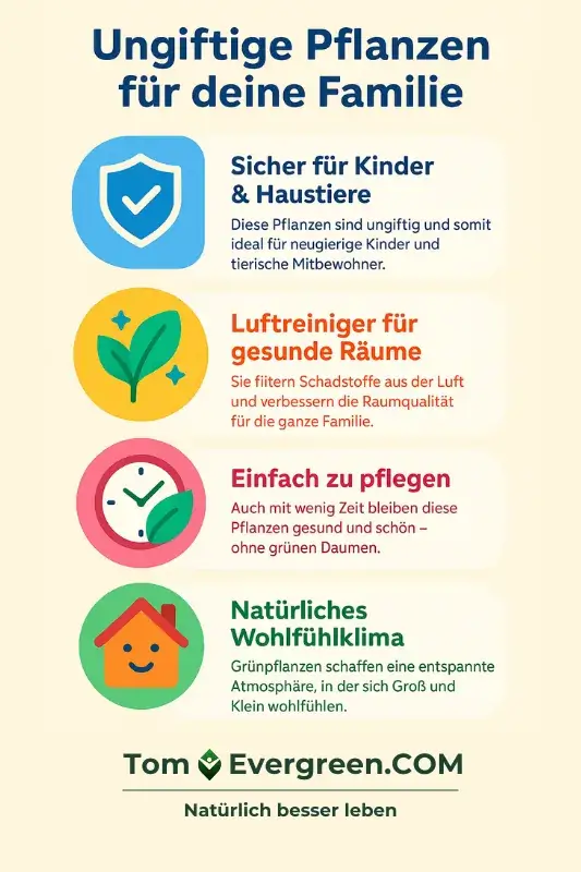 Infografik Ungiftige Pflanzen für deine Familie Infografik: Ungiftige Zimmerpflanzen für deine Familie – sicher für Kinder und Haustiere, luftreinigend, feuchtigkeitsspendend und ideal für ein gesundes Zuhause.